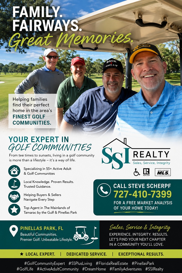 Professional real estate marketing image featuring Steve Scherpf, SSI Realty REALTOR®, promoting Pinellas Park golf community living. The image highlights Florida golf course lifestyle, active adult communities, homes near golf courses, and the opportunity to buy or sell real estate in Pinellas Park and the greater Tampa Bay area. Designed to attract home buyers and sellers searching for golf community homes, 55+ communities, and a trusted local real estate expert.